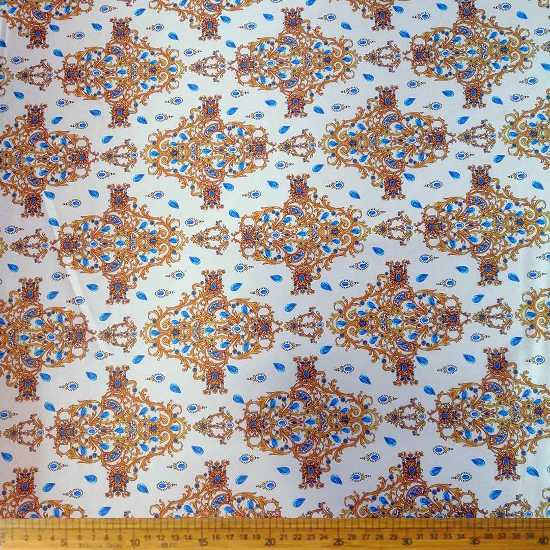 DR10993_1.jpg Satin Digital Print fabric with a smooth finish and vibrant, intricate digital patterns, ideal for fashion, home décor, and event decorations.