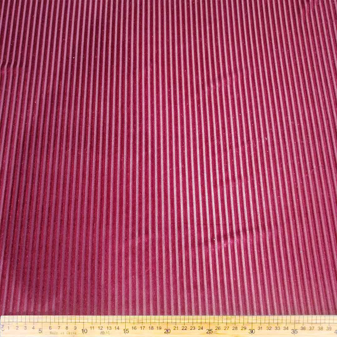 DR1597-4_1.jpg Nylon Velvet Burnouts RSB-9219 Stripes Pink fabric with semi-transparent stripes, perfect for luxurious curtains and upholstery in vibrant pink.