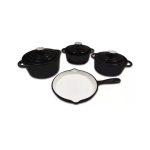 Durable 7-Piece Cast Iron Pot Set in Black, perfect for even heat distribution and long-lasting cooking performance. Ideal for home and outdoor use.