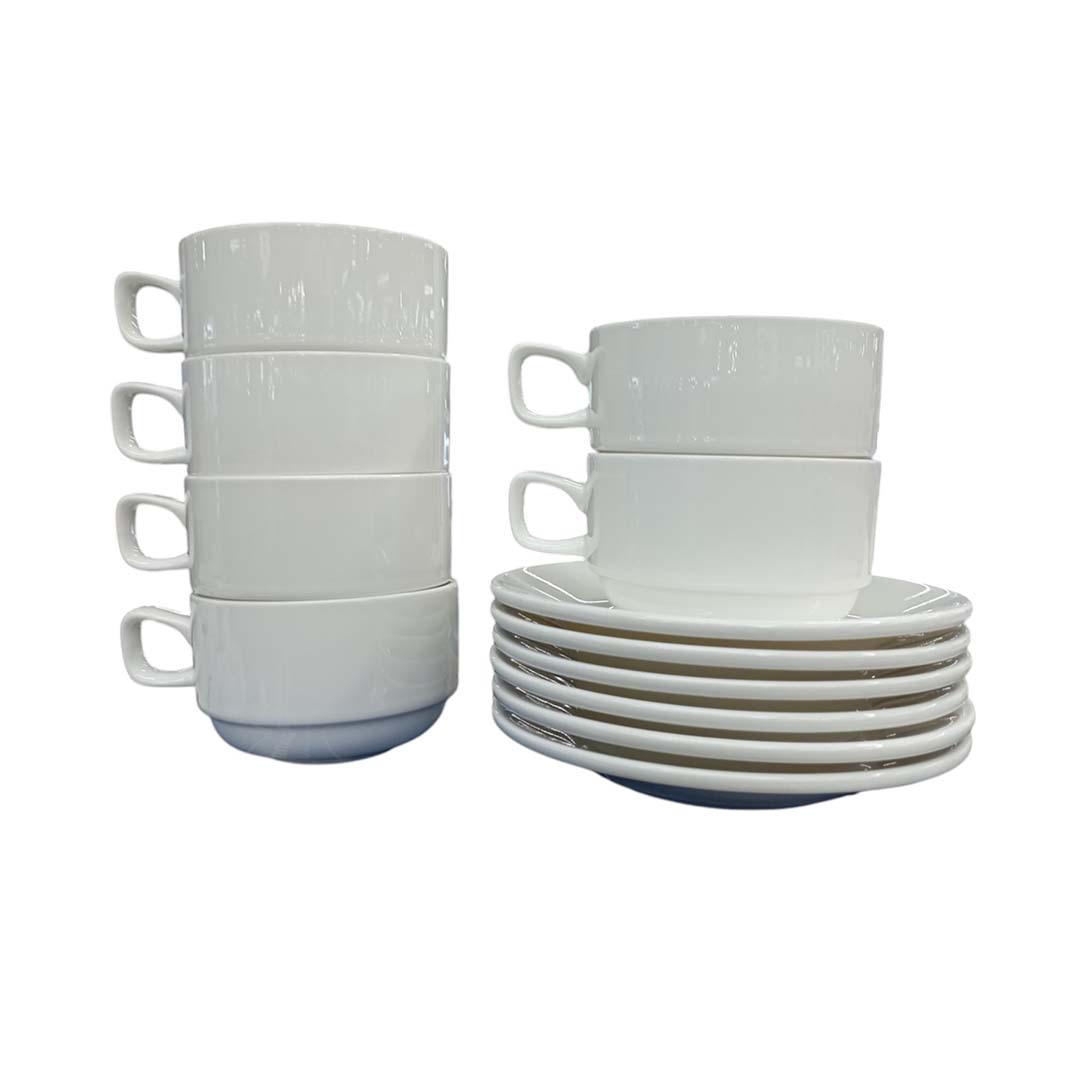 GL0412 White Cup & Saucer 12pc 220ML set with porcelain finish, available at Metro Lifestyle for elegant tea and coffee service.
